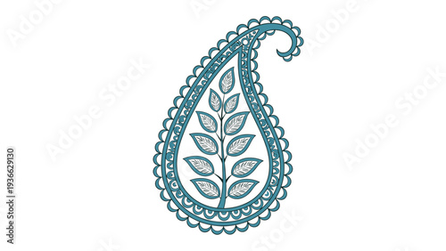 Detailed single paisley motif with intricate leaf and teardrop patterns in shades of teal and blue isolated on a white background.