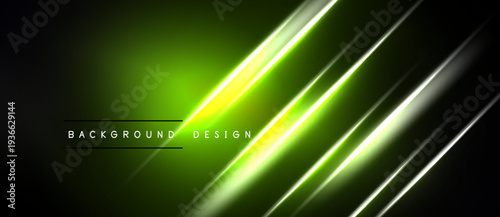 Dark background features bright neon green lines. Diagonal streaks create dynamic visual effect. Text reads background design. Modern, abstract presentation.