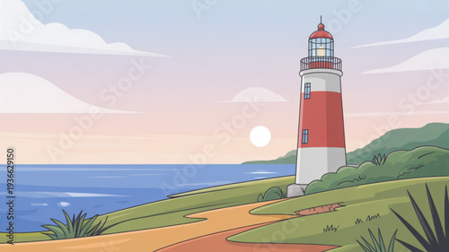 Red and white lighthouse on green hill by blue sea with winding path at sunset