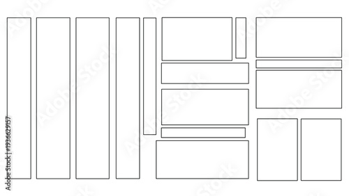 Abstract grid composed of various rectangular and square outlines in black on a white background suitable for layout design concepts.