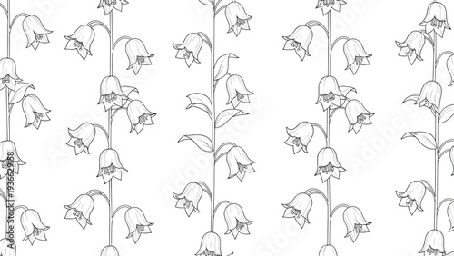 Seamless pattern of delicate bell flower vines in a vertical arrangement presented as a black and white outline for botanical prints.
