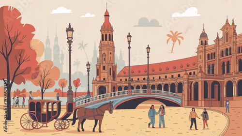 Vibrant city square with historic architecture horse drawn carriage and people walking on a sunny day