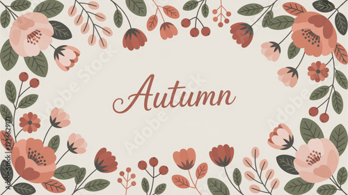 Autumn floral wreath with pink flowers and green leaves on beige background for seasonal decoration