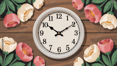 Clock surrounded by flowers on wooden background time concept with blooming florals