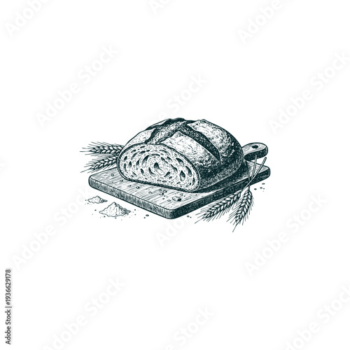 Vintage hand drawn engraving of a fresh loaf of sourdough bread on a wooden cutting board with wheat stalks and flour.