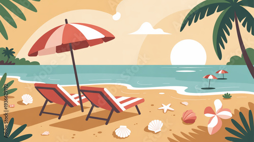 Beach scene with red lounge chairs umbrella palm trees and seashells on sandy shore at sunset