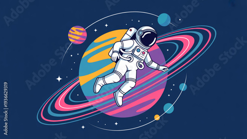 Astronaut floating in space with colorful planets and rings cosmic background