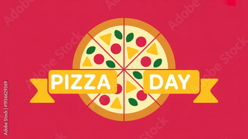 Delicious pizza pie with toppings on a red background for food and celebration concepts