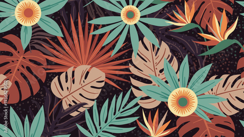 Vibrant and dense seamless pattern of tropical flowers and exotic leaves in a rich color palette of teal orange and maroon for bold decor.