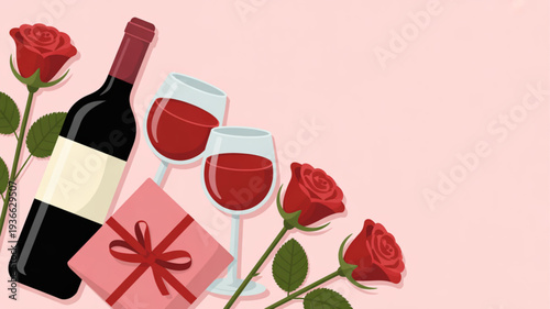 Romantic wine and gift setup with roses on pink background for valentine's day or anniversary celebration