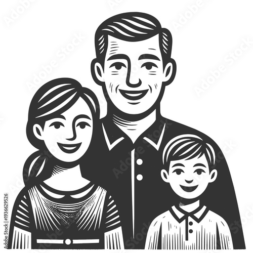smiling family portrait with father, mother, and young son, symbolizing love, parenting, and togetherness sketch engraving generative ai vector illustration. Scratch board imitation. Black and white.