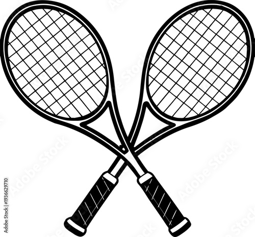 Two tennis rackets, depicted in a stark black and white graphic style, are crossed in the center of the image. The rackets' frames and handles are solid black, contrasting sharply with the grid-like n