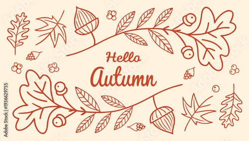 Hello Autumn Hand Drawn Fall Leaves Frame Seasonal Greeting Vector.