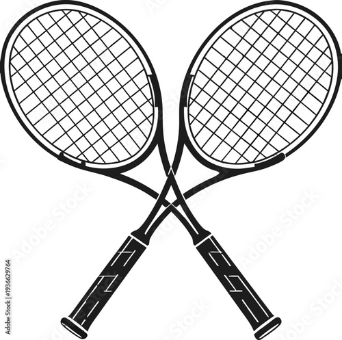 Two tennis rackets, depicted in a stark black and white graphic style, are crossed in the center of the image. The rackets' frames and handles are solid black, contrasting sharply with the grid-like n