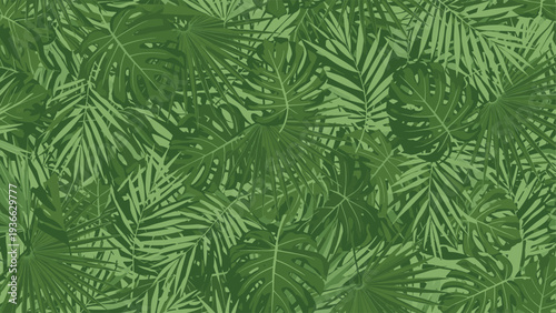 Lush and dense seamless pattern of overlapping tropical palm and monstera leaves in various shades of green for a deep jungle atmosphere.