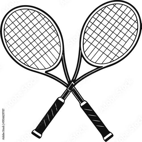Two tennis rackets, depicted in a stark black and white graphic style, are crossed in the center of the image. The rackets' frames and handles are solid black, contrasting sharply with the grid-like n