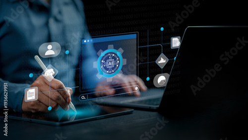 Business Process Automation (BPA) concept. Digital transformation strategy for optimizing workflow and efficiency. Robotic Process Automation (RPA) technology with virtual gears and AI icons.