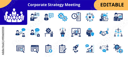 Corporate strategy meeting flat icons set. business management, teamwork leadership, communication planning, analytics growth, project workflow, startup innovation, office productivity