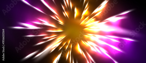 Bright explosion radiates outward. Vivid colors blend, creating dynamic visual effect. Intense light emanates from central point.