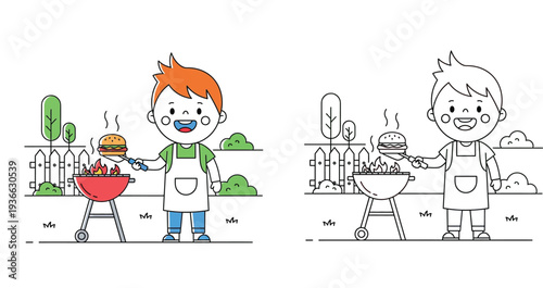 Cute little boy grilling a hamburger on BBQ grill in the backyard. Colored illustration and black and white line art for kids coloring book page.