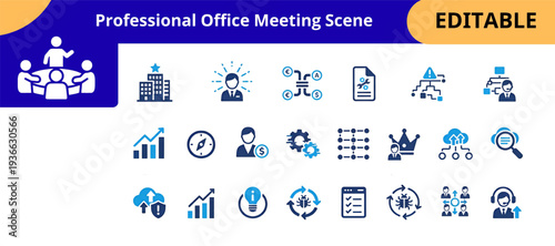 Corporate office meeting concept outline icons set. leadership, teamwork, finance, analytics, workflow, organization, strategy, business growth, support services