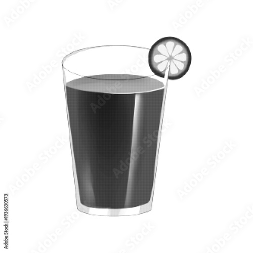 Glass of refreshing drink with lemon slice in monochrome halftone style. Beverage illustration isolated on white background, summer refreshment and cocktail concept.