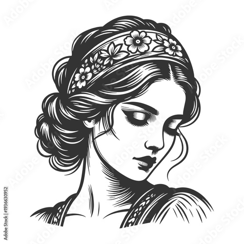 traditional Polish woman with braided hair, ornate headpiece, and embroidered folk clothing sketch engraving generative ai fictional character vector illustration. Scratch board. Black and white image