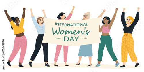 Multi-ethnic Group of Diverse Women Holding Banner for International Women's Day Celebration on transparent Background. Diverse Women Standing Together for Gender Equality and Women's Empowerment,