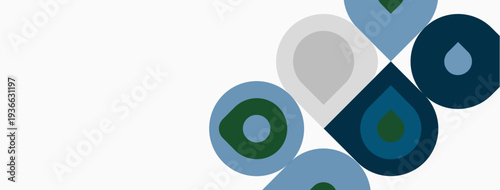 Abstract circles overlap, creating dynamic composition. Colors include blues, greens, grays. Minimalist design suggests fluidity, movement.