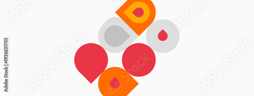 Abstract design features overlapping circles, squares, plus letterforms. Colors include red, orange, gray, white background dominates composition.