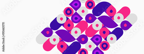 Abstract pattern using purple, pink, white shapes. Geometric design creates dynamic visual texture. Simple forms repeat, forming interesting composition.