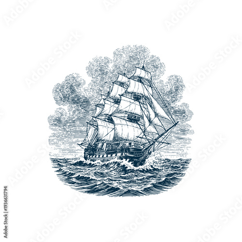 Vintage engraving style illustration of a large sailing ship navigating through turbulent ocean waves under a cloudy sky