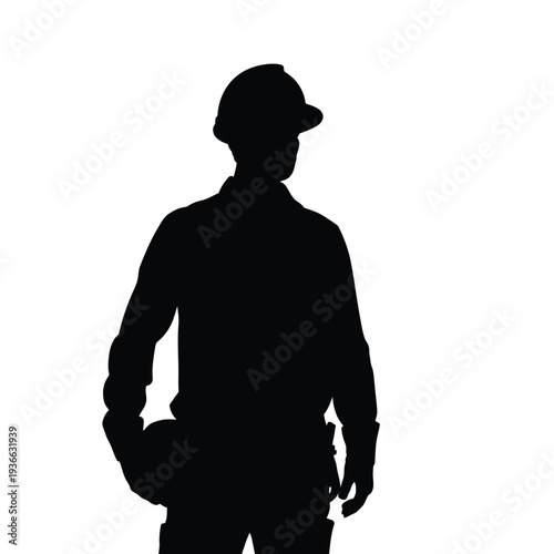 Silhouette of a construction worker holding a helmet against a white background