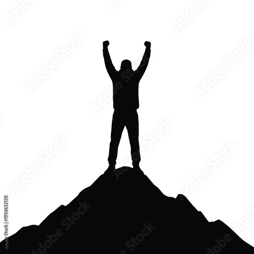 Silhouette of a person with arms raised in victory atop a hill