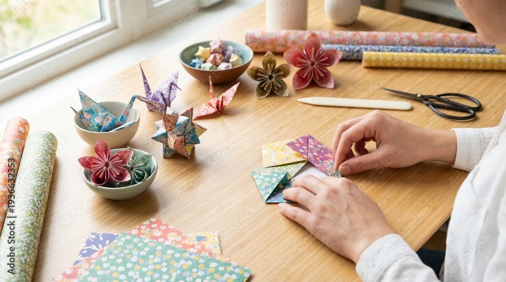 Naklejka premium Person creating colorful origami art with patterned paper rolls nearby