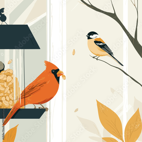 Cardinal and Chickadee at Window Feeder