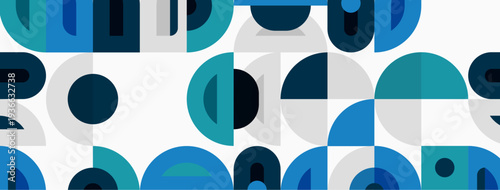 Geometric shapes repeat. Blue, teal, gray colors dominate pattern. Modern design evokes midcentury aesthetic. Simple forms create visual rhythm.