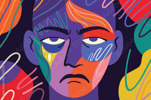 portrait face of person looking unhappy, stress , burnout, life crisis concept, collage vector art 