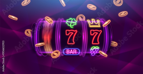 Slot machine with neon gaming symbols and coins on a bright background. Mega slots casino banner. Vector illustration.