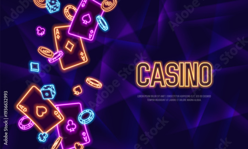 Neon Casino banner with playing cards, chips, dice and coins. Background for casino or poker with bright glowing elements. Online games concept. Vector illustration.