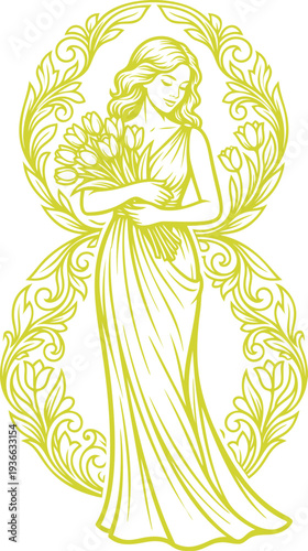 Art Nouveau Style Woman Silhouette Holding a Bouquet of Flowers