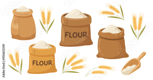 Flour Bags and Wheat Grain Stalks Vector Brown Sack, Flour Scoop, Baking Ingredient, Milling and Agriculture Illustration