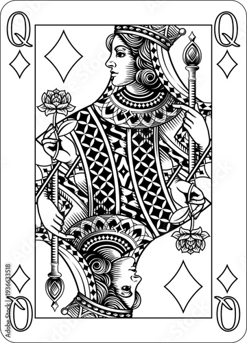 Queen of Diamonds design from a new original deck of playing cards. Four pip left handed version with identifier in all four corners.