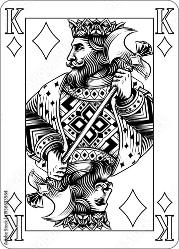 King of Diamonds design from a new original deck of playing cards. Four pip left handed version with identifier in all four corners.