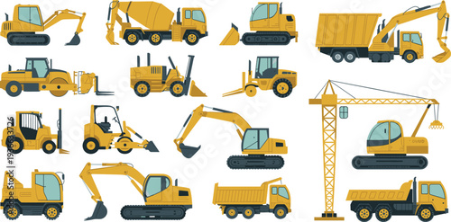 Heavy construction machinery collection featuring excavators, cranes, loaders, bulldozers and dump trucks isolated on white vector illustration