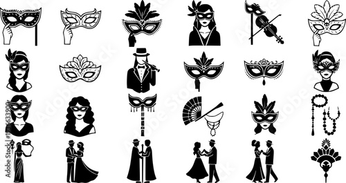 set of masquerade silhouette line art vector illustration with a white background