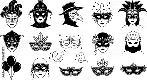 set of masquerade silhouette line art vector illustration with a white background