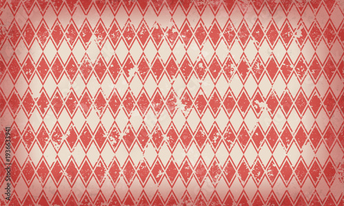 Red diamond geometric background with grunge effect. Retro circus or carnival style. Vintage pattern. Vector illustration.