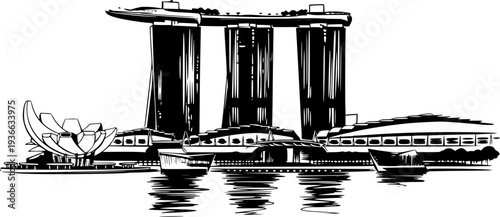 Minimalist Sumi-e Illustration of Iconic Singaporean Landmark