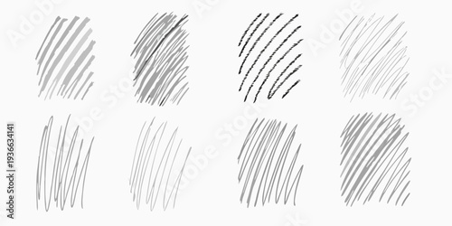 Variations of pencil strokes and scribbles arranged in a grid pattern